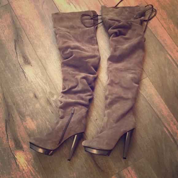 Dark grey over the knee platform heel boots - Picture 1 of 5